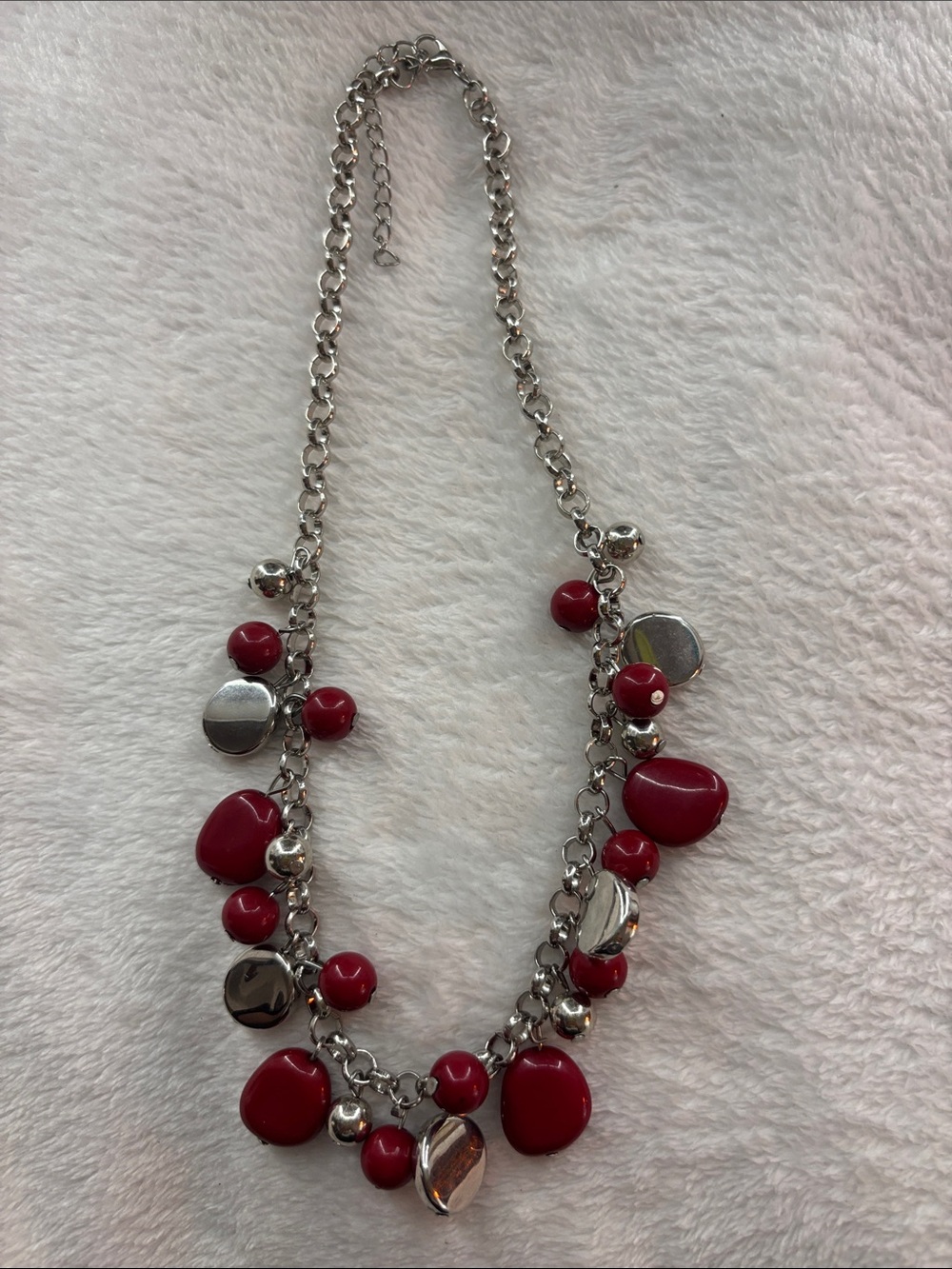 Silver Chain Necklace with Red Bead Charms